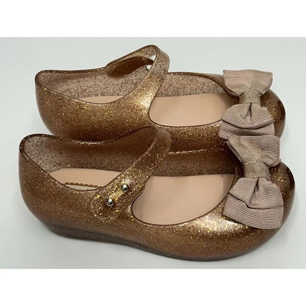 Mini Melissa Ultragirl Bow Shoes Size 9 Rose Gold Glittery Maryjane Flats Jelly